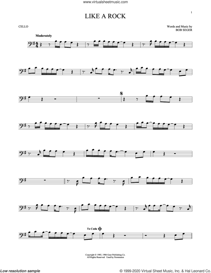 Like A Rock sheet music for cello solo by Bob Seger, intermediate skill level