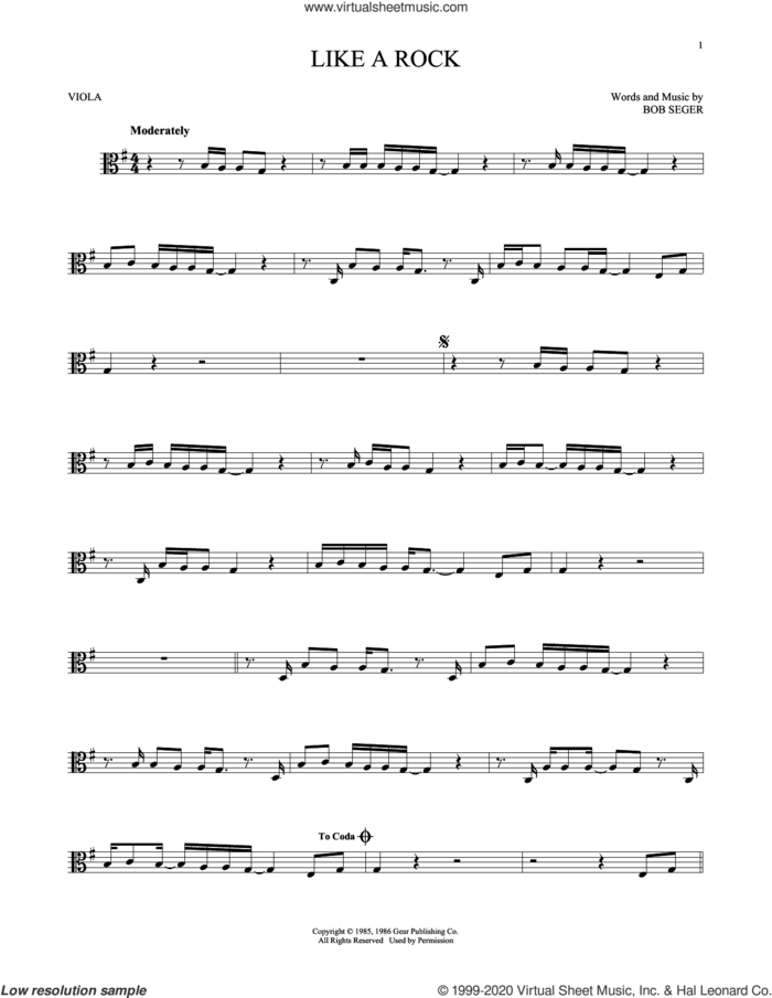 Like A Rock sheet music for viola solo by Bob Seger, intermediate skill level
