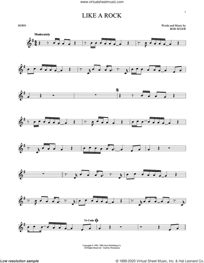 Like A Rock sheet music for horn solo by Bob Seger, intermediate skill level