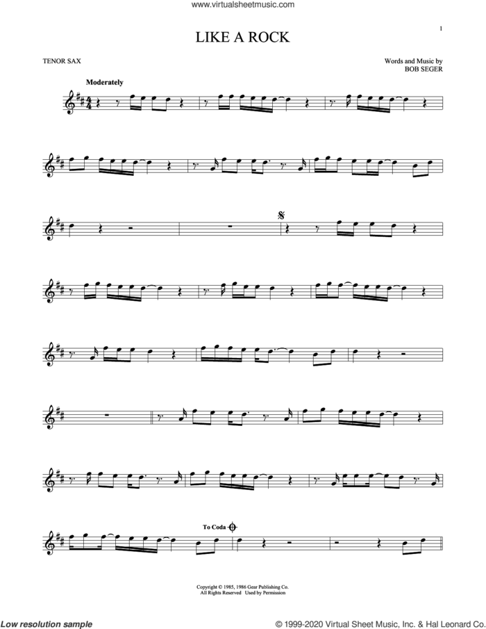 Like A Rock sheet music for tenor saxophone solo by Bob Seger, intermediate skill level