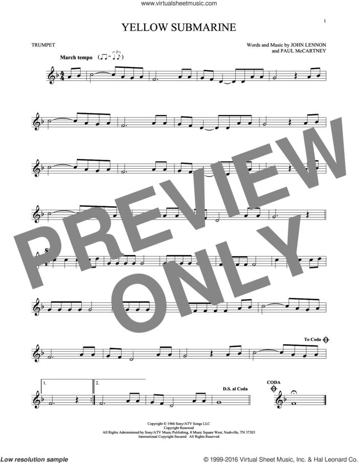 Yellow Submarine sheet music for trumpet solo by The Beatles, John Lennon and Paul McCartney, intermediate skill level