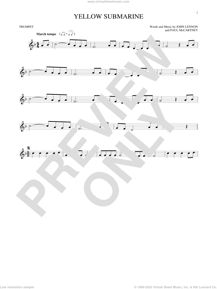 Yellow Submarine sheet music for trumpet solo by The Beatles, John Lennon and Paul McCartney, intermediate skill level