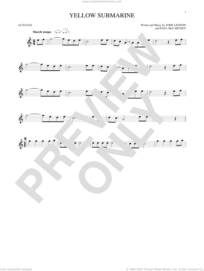 Yellow Submarine sheet music for alto saxophone solo by The Beatles, John Lennon and Paul McCartney, intermediate skill level