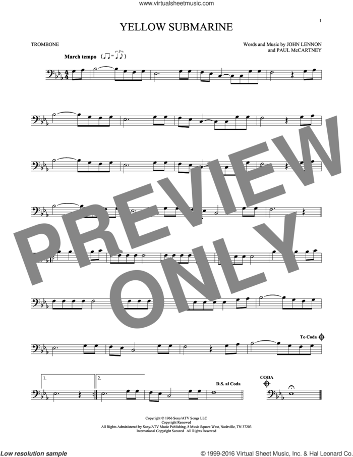 Yellow Submarine sheet music for trombone solo by The Beatles, John Lennon and Paul McCartney, intermediate skill level