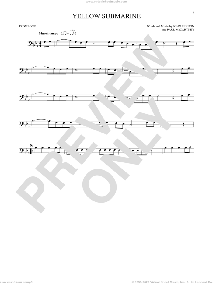 Yellow Submarine sheet music for trombone solo by The Beatles, John Lennon and Paul McCartney, intermediate skill level