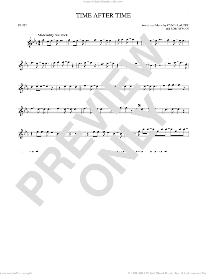 Time After Time sheet music for flute solo by Cyndi Lauper, Inoj, Javier Colon and Rob Hyman, intermediate skill level