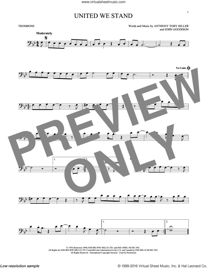 United We Stand sheet music for trombone solo by Brotherhood Of Man, Peter Simons and Toby Hiller, intermediate skill level