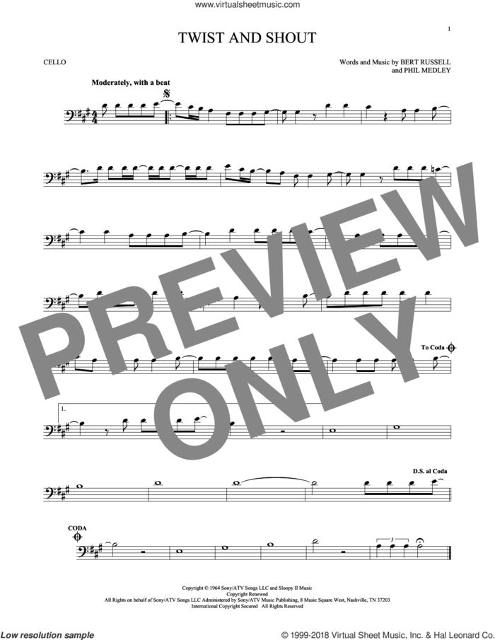 Twist And Shout sheet music for cello solo by The Beatles, The Isley Brothers, Bert Russell and Phil Medley, intermediate skill level