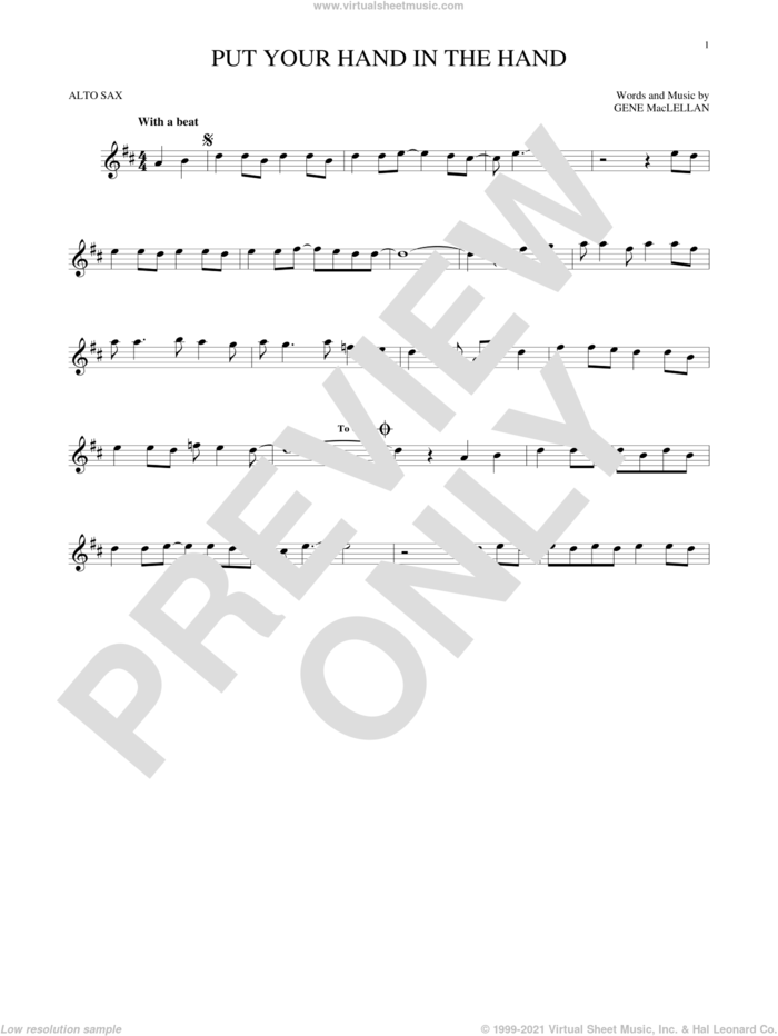 Put Your Hand In The Hand sheet music for alto saxophone solo by Gene MacLellan and MacLellan and Ocean, intermediate skill level