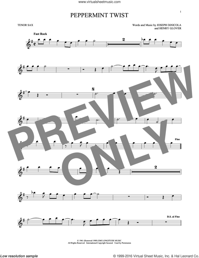 Peppermint Twist sheet music for tenor saxophone solo by Joey Dee & The Starliters, Henry Glover and Joseph DiNicola, intermediate skill level