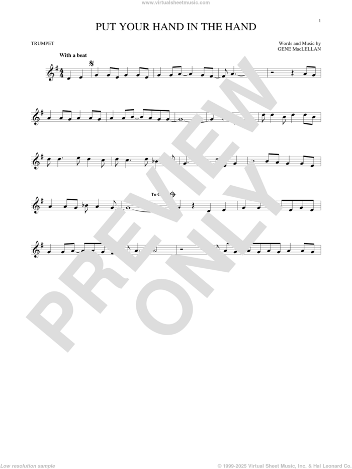 Put Your Hand In The Hand sheet music for trumpet solo by Gene MacLellan and MacLellan and Ocean, intermediate skill level