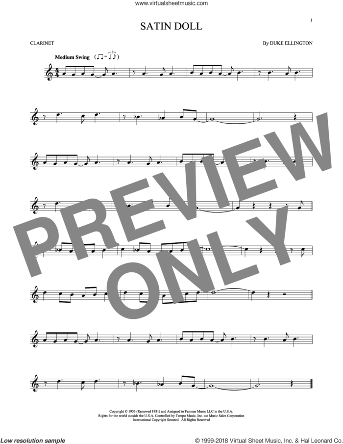 Satin Doll sheet music for clarinet solo by Duke Ellington, Billy Strayhorn and Johnny Mercer, intermediate skill level