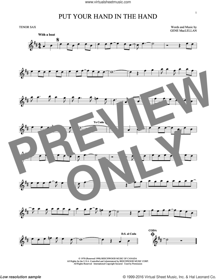 Put Your Hand In The Hand sheet music for tenor saxophone solo by Gene MacLellan and MacLellan and Ocean, intermediate skill level