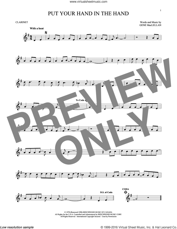 Put Your Hand In The Hand sheet music for clarinet solo by Gene MacLellan and MacLellan and Ocean, intermediate skill level