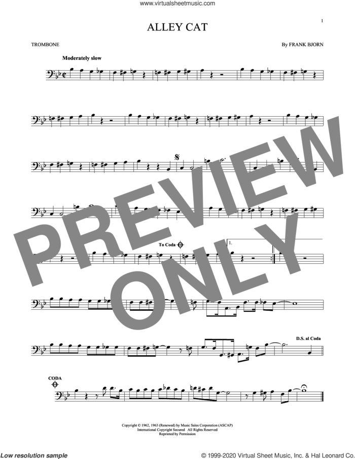 Alley Cat sheet music for trombone solo by Bent Fabric and Frank Bjorn, intermediate skill level