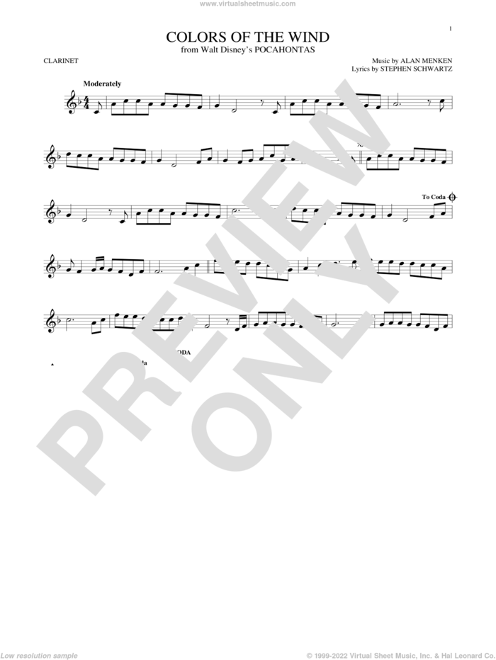 Colors Of The Wind (from Pocahontas) sheet music for clarinet solo by Vanessa Williams, Alan Menken and Stephen Schwartz, intermediate skill level