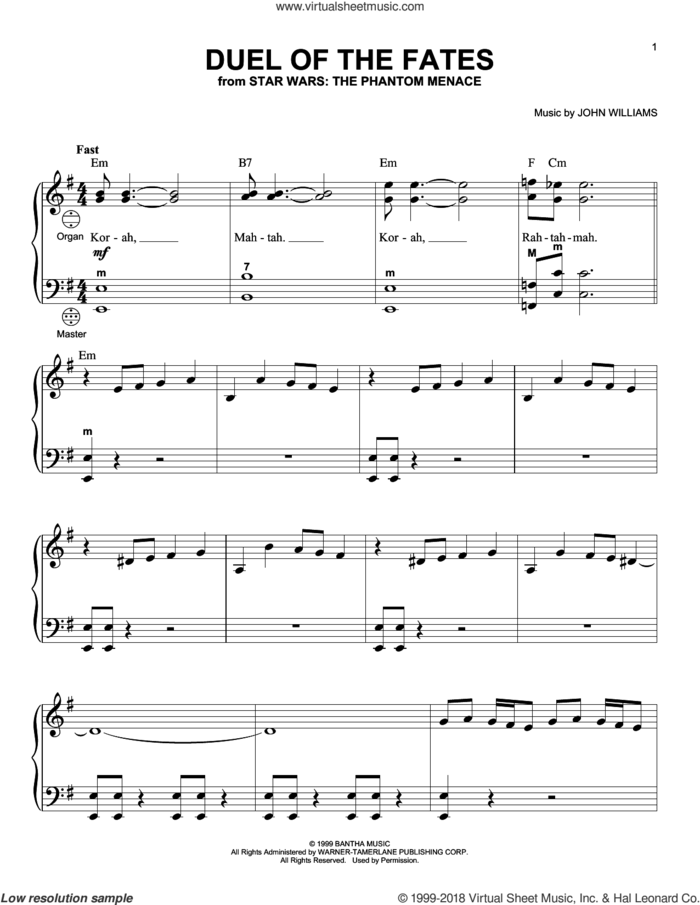 Duel Of The Fates (from Star Wars: The Phantom Menace) sheet music for accordion by John Williams, intermediate skill level