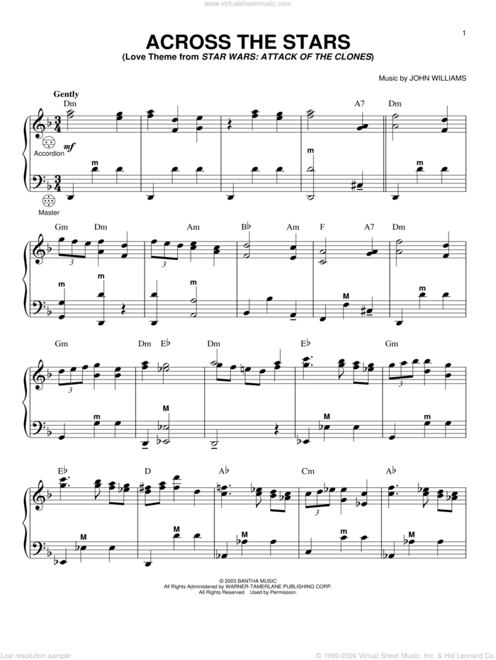 Across The Stars (from Star Wars: Attack of the Clones) sheet music for accordion by John Williams, intermediate skill level