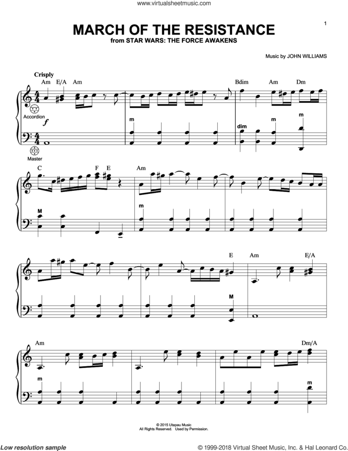 March Of The Resistance sheet music for accordion by John Williams, intermediate skill level