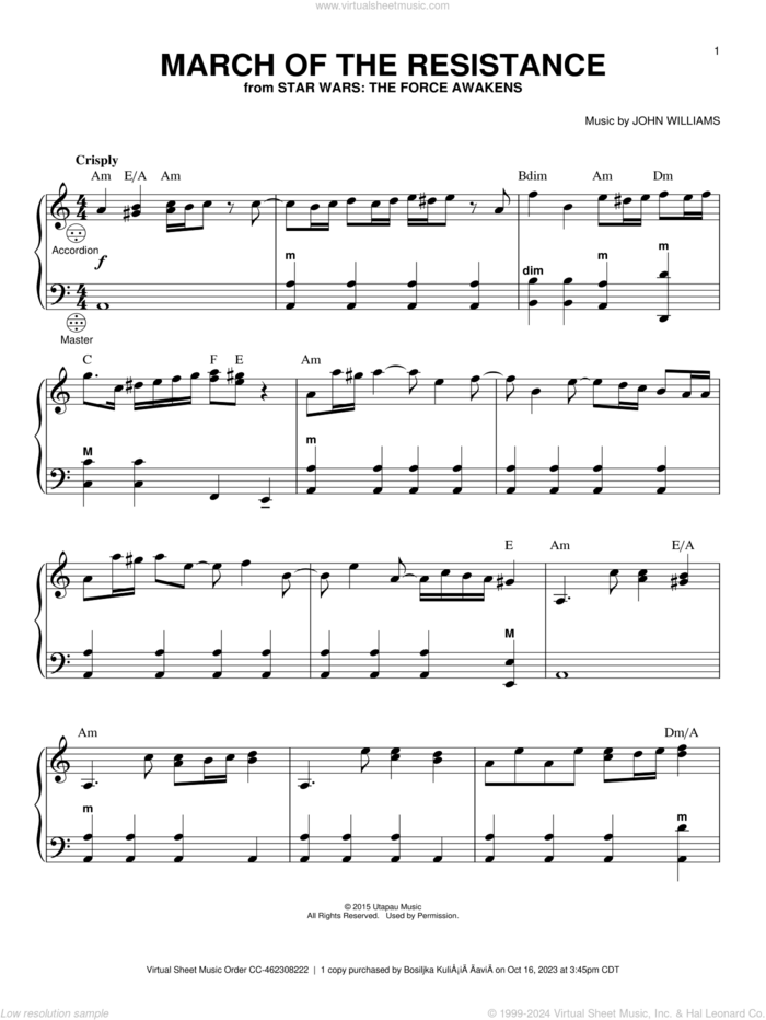 March Of The Resistance sheet music for accordion by John Williams, intermediate skill level