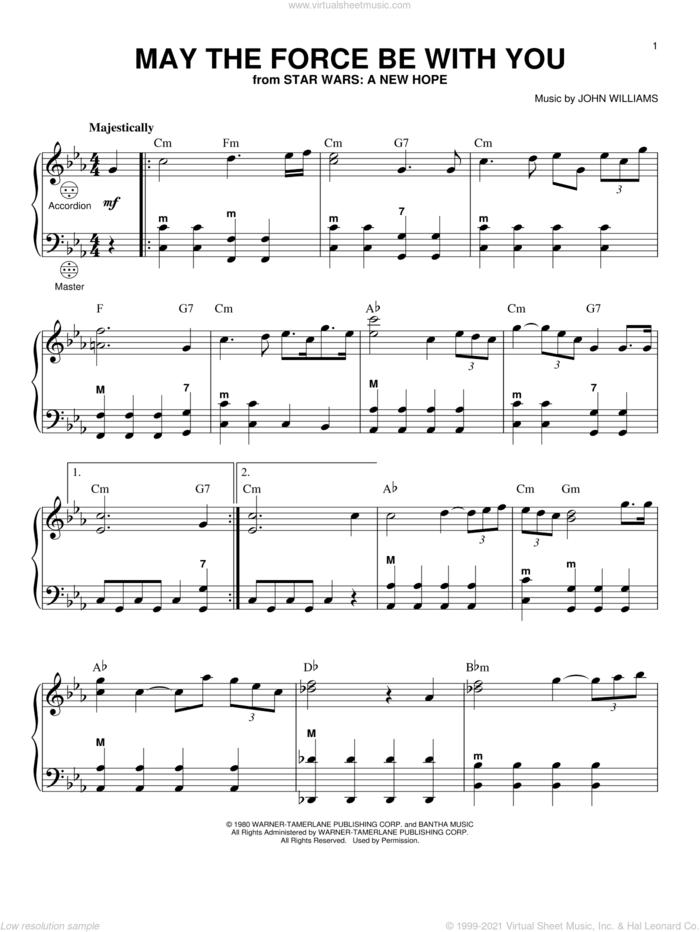 May The Force Be With You (from Star Wars: A New Hope) sheet music for accordion by John Williams, intermediate skill level