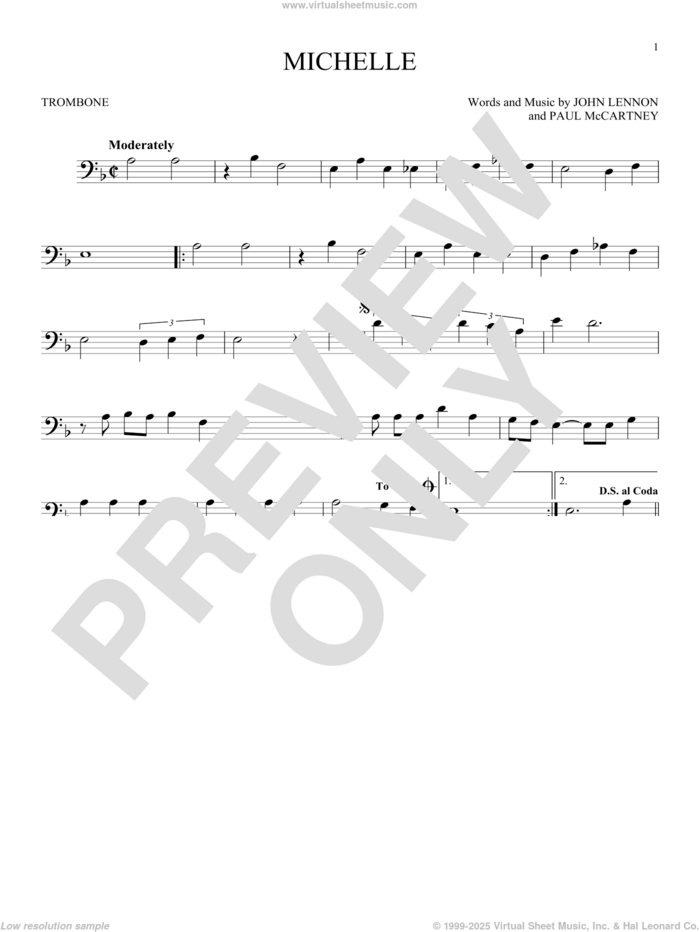 Michelle sheet music for trombone solo by The Beatles, John Lennon and Paul McCartney, intermediate skill level