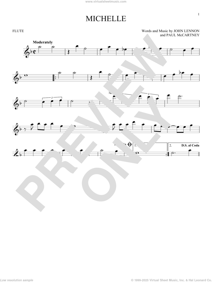 Michelle sheet music for flute solo by The Beatles, John Lennon and Paul McCartney, intermediate skill level