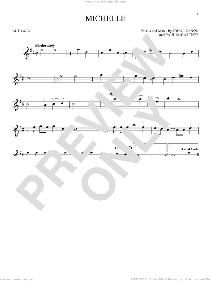 Michelle sheet music for alto saxophone solo by The Beatles, John Lennon and Paul McCartney, intermediate skill level