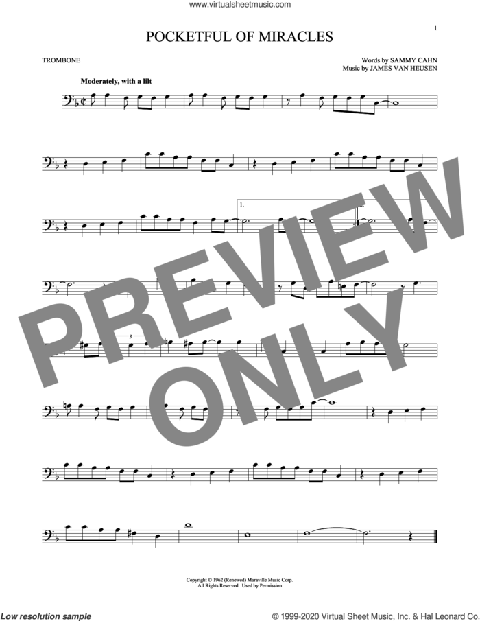 Pocketful Of Miracles sheet music for trombone solo by Sammy Cahn and Jimmy van Heusen, intermediate skill level