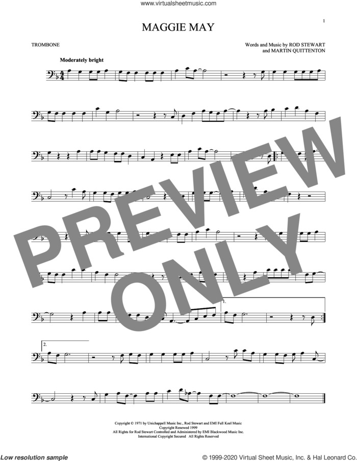 Maggie May sheet music for trombone solo by Rod Stewart and Martin Quittenton, intermediate skill level