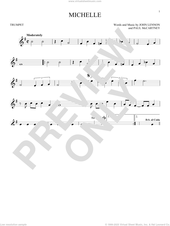 Michelle sheet music for trumpet solo by The Beatles, John Lennon and Paul McCartney, intermediate skill level