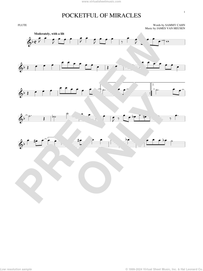 Pocketful Of Miracles sheet music for flute solo by Sammy Cahn and Jimmy van Heusen, intermediate skill level