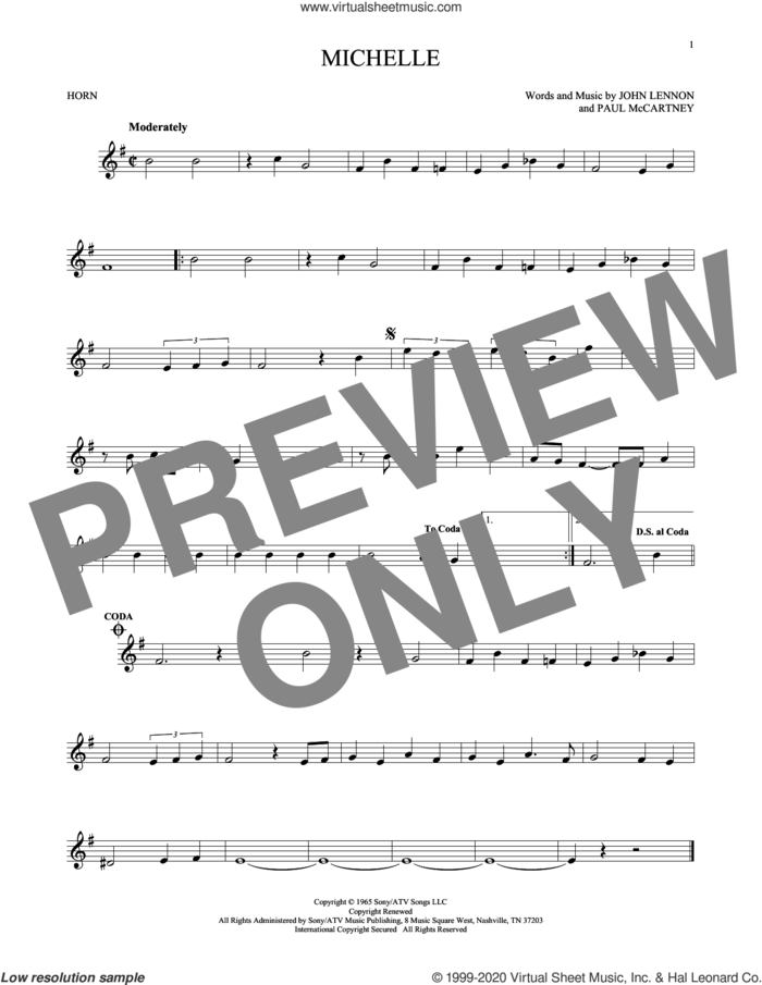 Michelle sheet music for horn solo by The Beatles, John Lennon and Paul McCartney, intermediate skill level