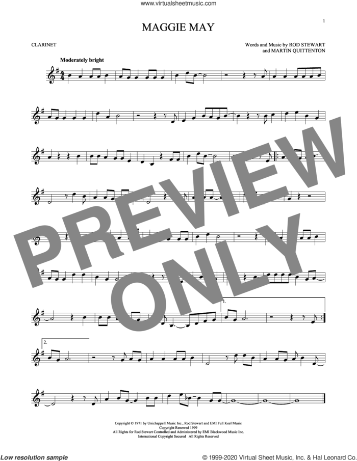 Maggie May sheet music for clarinet solo by Rod Stewart and Martin Quittenton, intermediate skill level