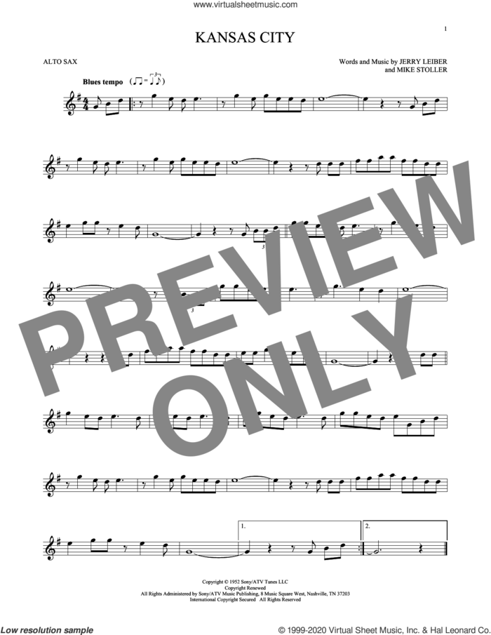 Kansas City sheet music for alto saxophone solo by Mike Stoller, The Beatles, Wilbert Harrison, Jerry Leiber and Jerry Lieber & Mike Stoller, intermediate skill level