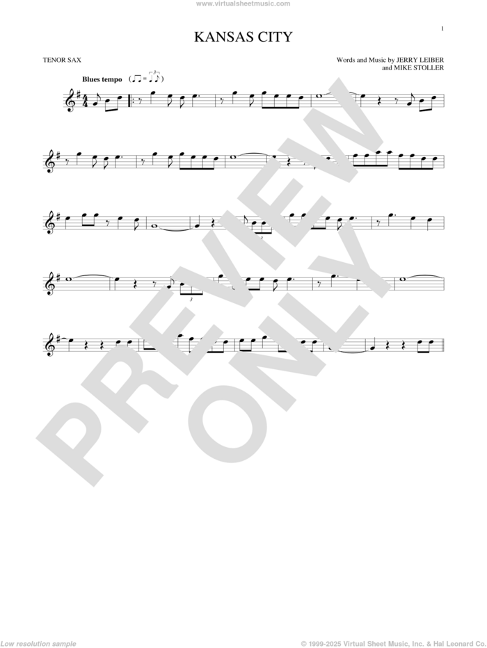 Kansas City sheet music for tenor saxophone solo by Mike Stoller, The Beatles, Wilbert Harrison, Jerry Leiber and Jerry Lieber & Mike Stoller, intermediate skill level