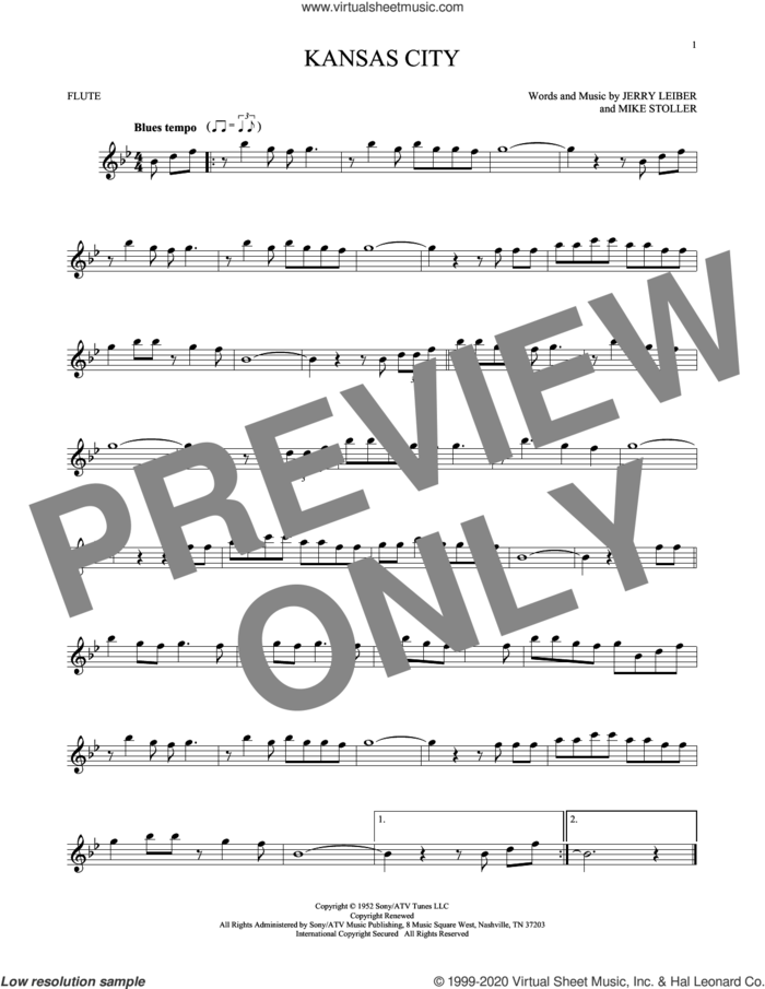Kansas City sheet music for flute solo by Mike Stoller, The Beatles, Wilbert Harrison, Jerry Leiber and Jerry Lieber & Mike Stoller, intermediate skill level