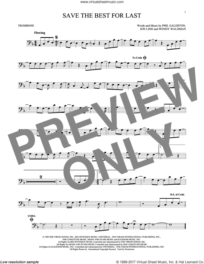 Save The Best For Last sheet music for trombone solo by Vanessa Williams, Jon Lind, Phil Galdston and Wendy Waldman, intermediate skill level