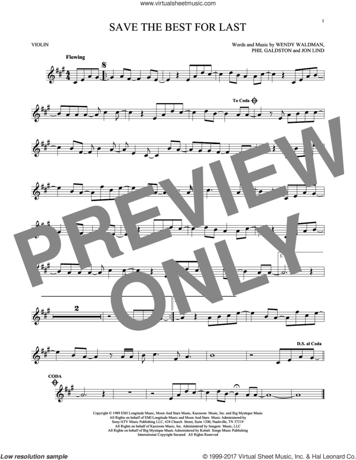 Save The Best For Last sheet music for violin solo by Vanessa Williams, Jon Lind, Phil Galdston and Wendy Waldman, intermediate skill level