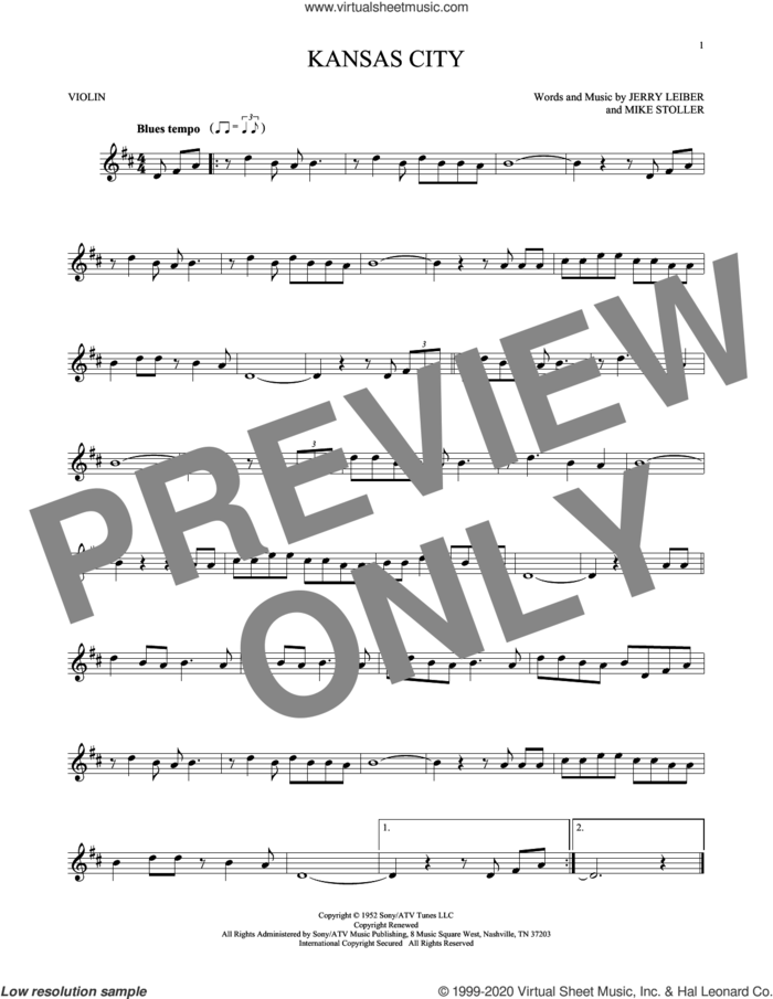 Kansas City sheet music for violin solo by Mike Stoller, The Beatles, Wilbert Harrison, Jerry Leiber and Jerry Lieber & Mike Stoller, intermediate skill level