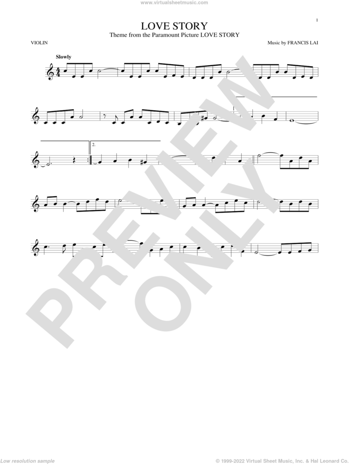 Love Story sheet music for violin solo by Francis Lai, classical score, intermediate skill level