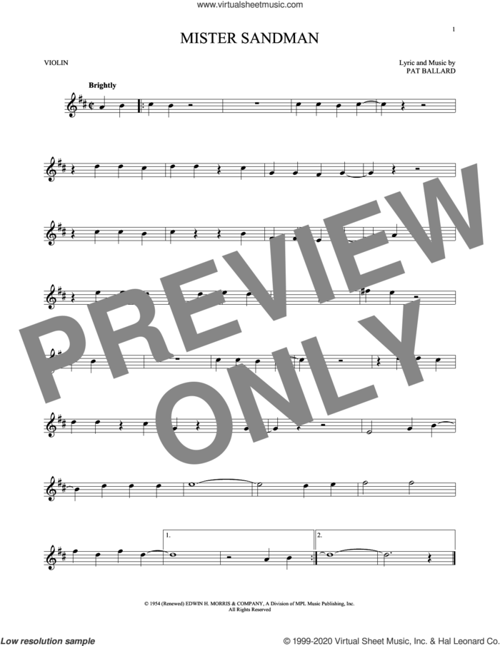 Mister Sandman sheet music for violin solo by The Chordettes and Pat Ballard, intermediate skill level