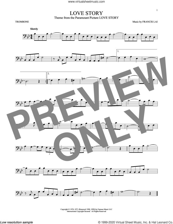 Love Story sheet music for trombone solo by Francis Lai, classical score, intermediate skill level