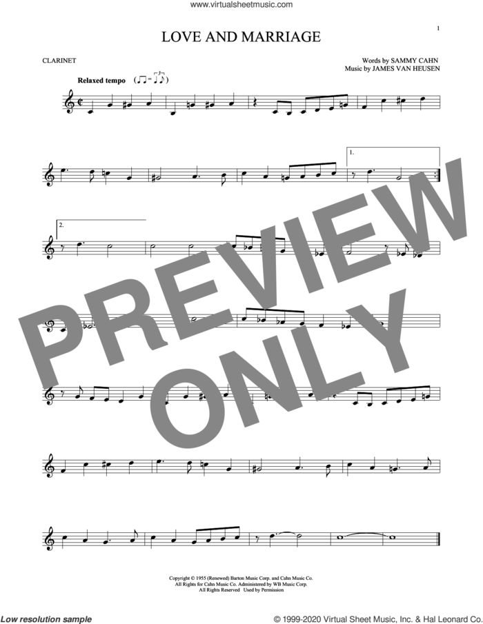 Love And Marriage sheet music for clarinet solo by Sammy Cahn and Jimmy van Heusen, intermediate skill level