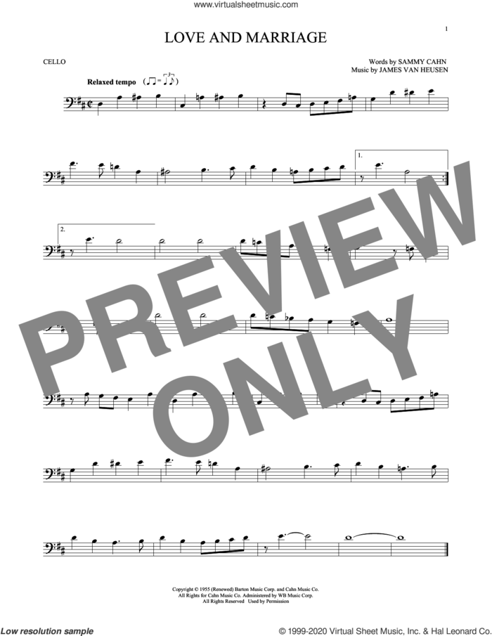 Love And Marriage sheet music for cello solo by Sammy Cahn and Jimmy van Heusen, intermediate skill level
