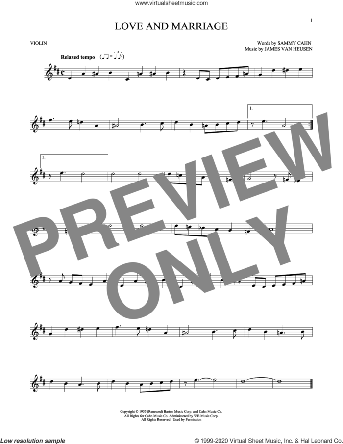 Love And Marriage sheet music for violin solo by Sammy Cahn and Jimmy van Heusen, intermediate skill level