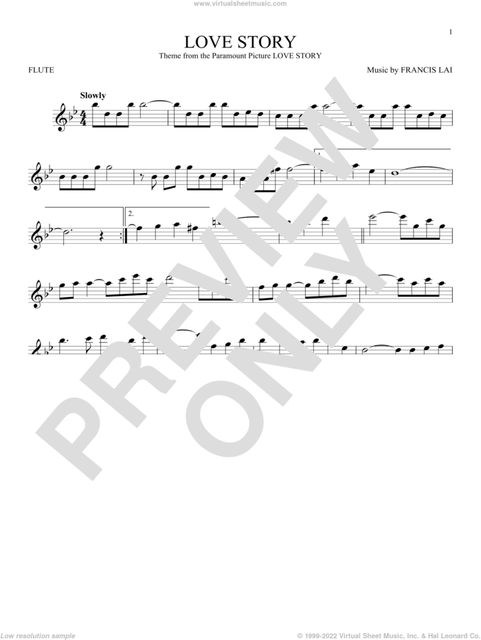 Love Story sheet music for flute solo by Francis Lai, classical score, intermediate skill level