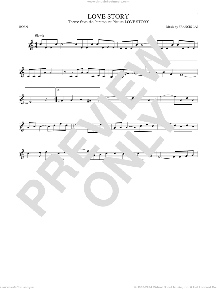 Love Story sheet music for horn solo by Francis Lai, classical score, intermediate skill level