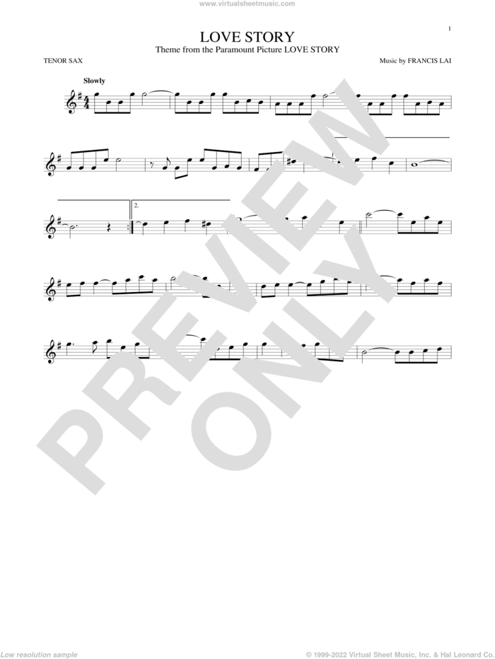 Love Story sheet music for tenor saxophone solo by Francis Lai, classical score, intermediate skill level