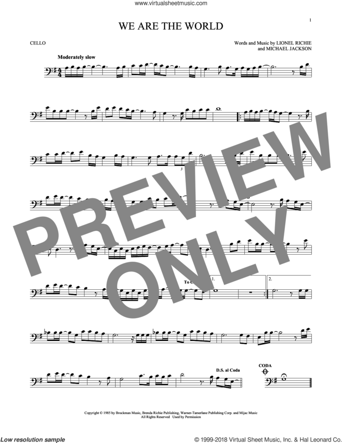 We Are The World sheet music for cello solo by Michael Jackson, USA For Africa, Lionel Richie and Lionel Richie & Michael Jackson, intermediate skill level